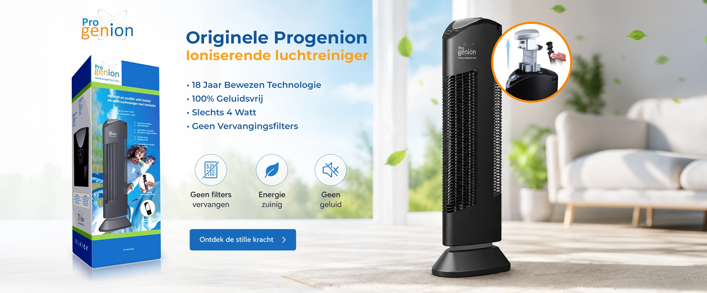 Progenion PR-369R Ioniserende luchtreiniger. Geen filters vervangen en geen geluid.